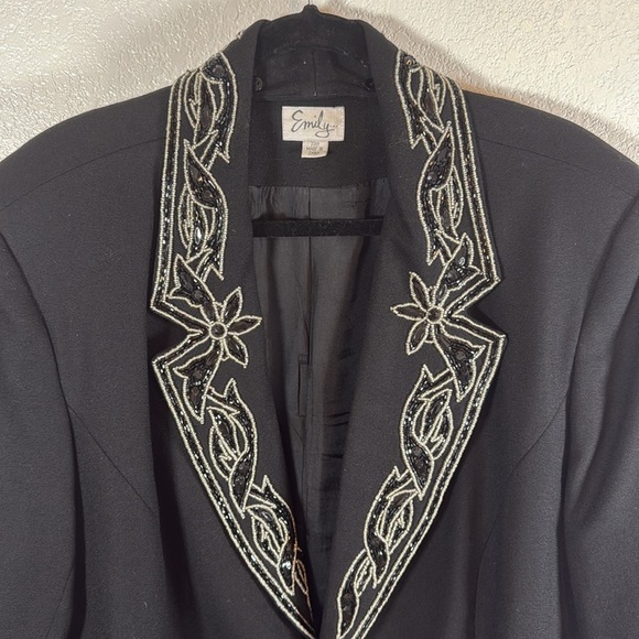 Vintage Emily Black Beaded Removable Lapel Single Button Wool Blazer Size 22W - Picture 3 of 8